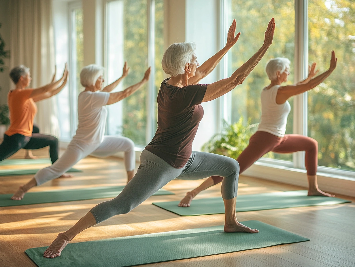 Група літніх людей на занятті з йоги