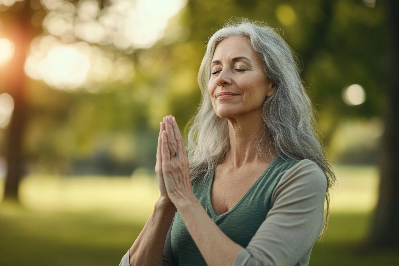 Літня жінка практикує йогу в парку